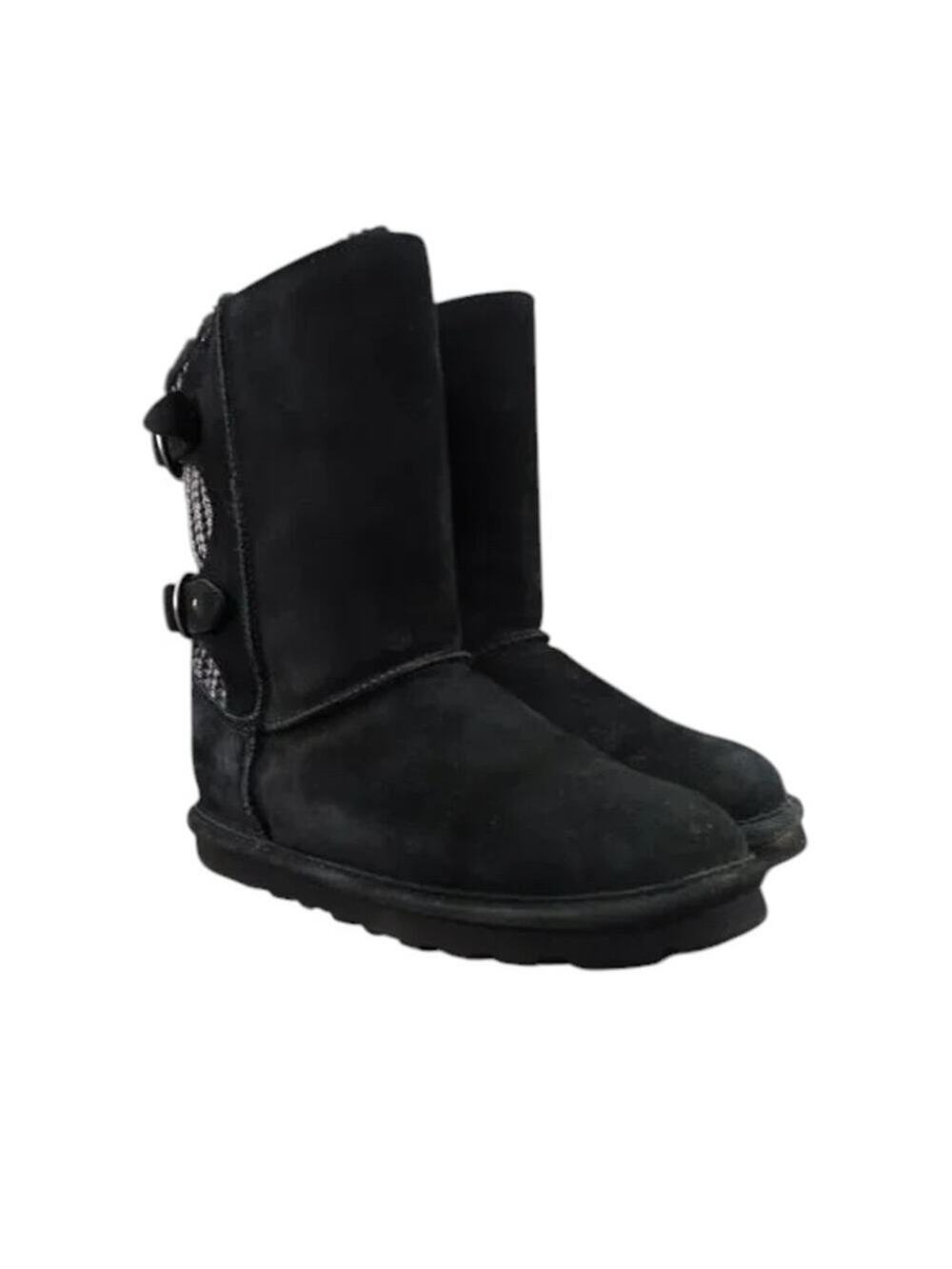 Bearpaw Shoes Womens 7 Boots Winter Warm Clara Leather Knit Pull On Buckle Strap